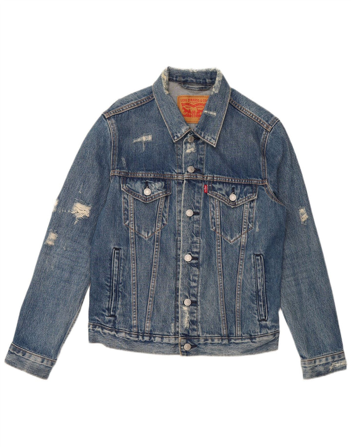 Giacca in denim invecchiato da uomo Levi's UK 36 piccolo cotone blu
