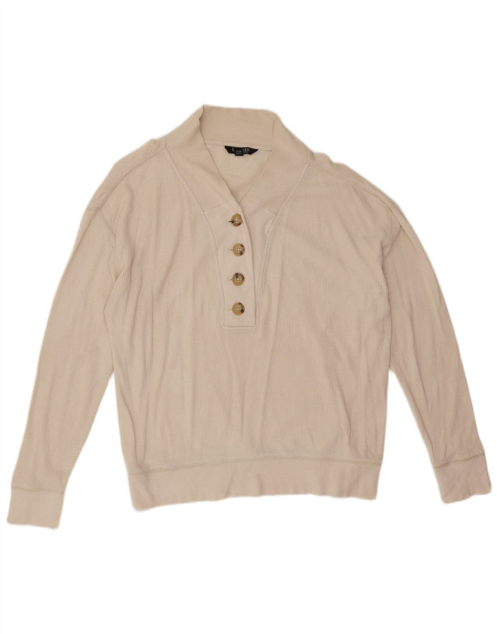 Felpa da donna Ralph Lauren con collo abbottonato, maglione UK 14, cotone bianco medio