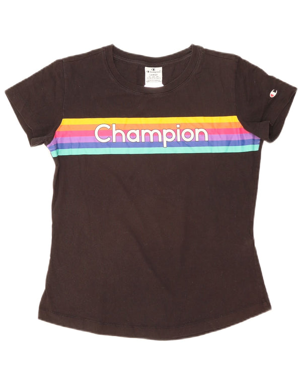 T-shirt grafica da donna Champion Top UK 16 Large Nero Colourblock Cotton