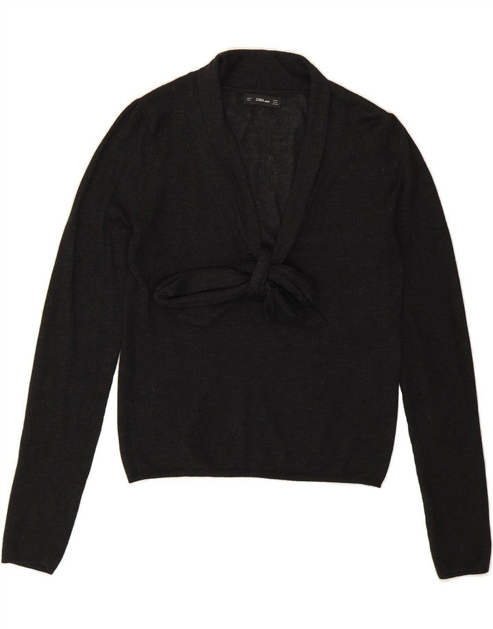 ZARA Womens Front Tie V-Neck Jumper Sweater UK 12 Medium Black Vintage Zara and Second-Hand Zara from Messina Hembry 