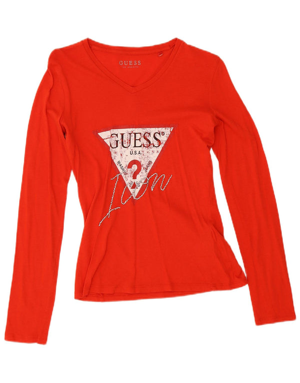 Guess Top grafico da donna a maniche lunghe UK 10 Small Rosso Cotone