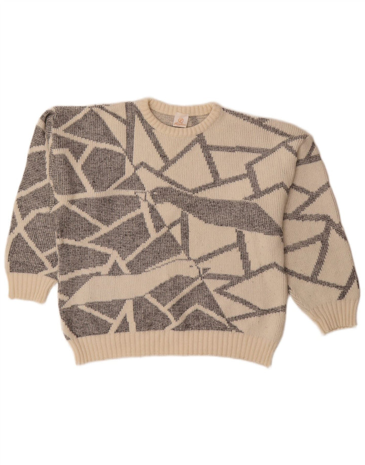 Maglione da donna vintage con scollo a barchetta EU 38 medio bianco sporco geometrico