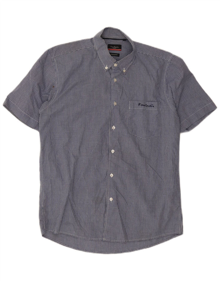 Camicia a maniche corte da uomo Pierre Cardin grande poliestere a quadretti blu