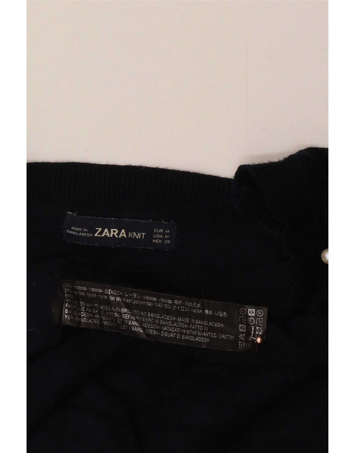 Maglione maglione con scollo a barca da donna Zara UK 14 blu navy medio maculato