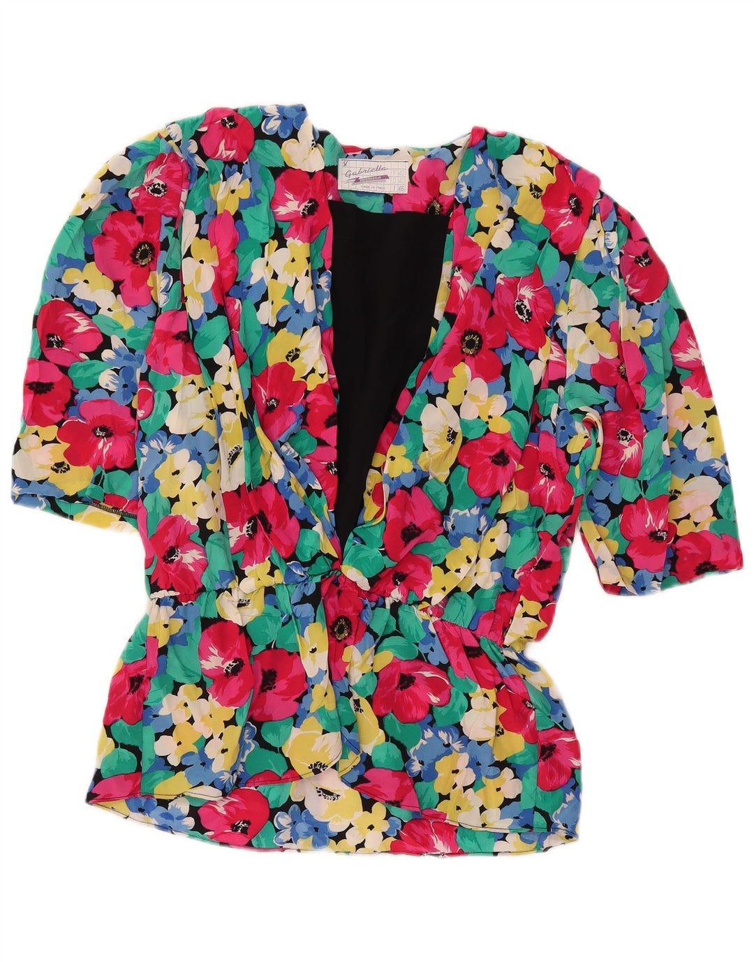 Camicetta vintage da donna con maniche a 3/4 IT 46 Grande motivo floreale multicolore