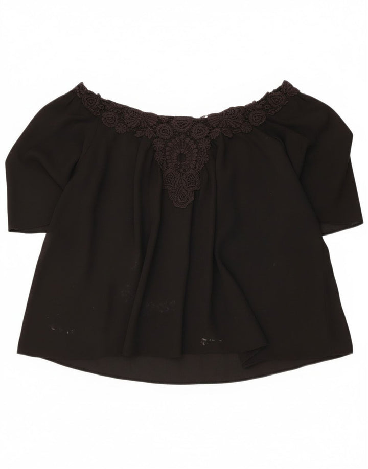 Top Zara da donna corto oversize con spalle scoperte UK 16 grande nero floreale