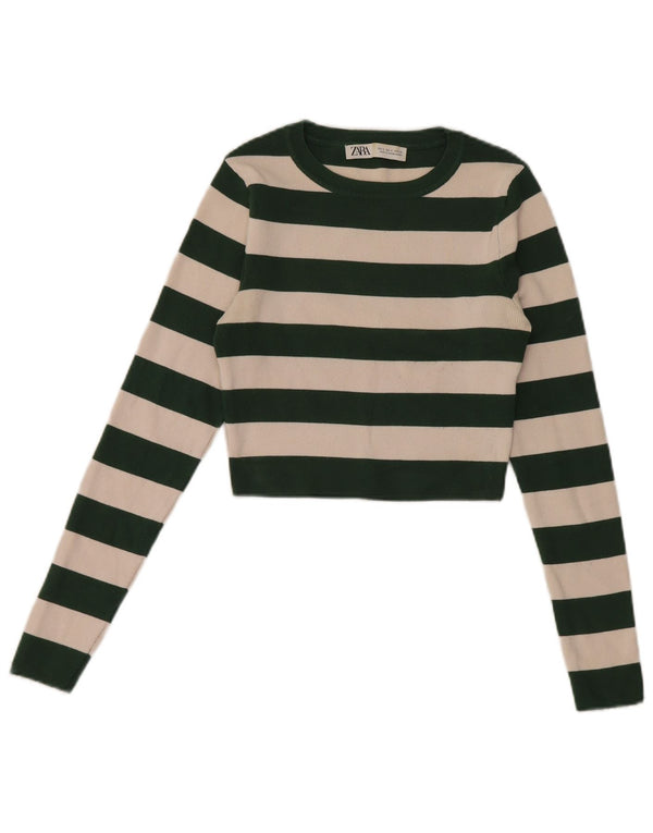 Top corto da donna Zara a maniche lunghe UK 8 piccolo in viscosa a righe verdi