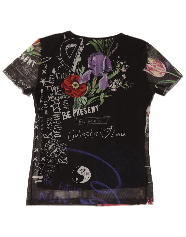 Desigual T-shirt grafica da donna Top UK 12 Medium Black Floral Poliestere