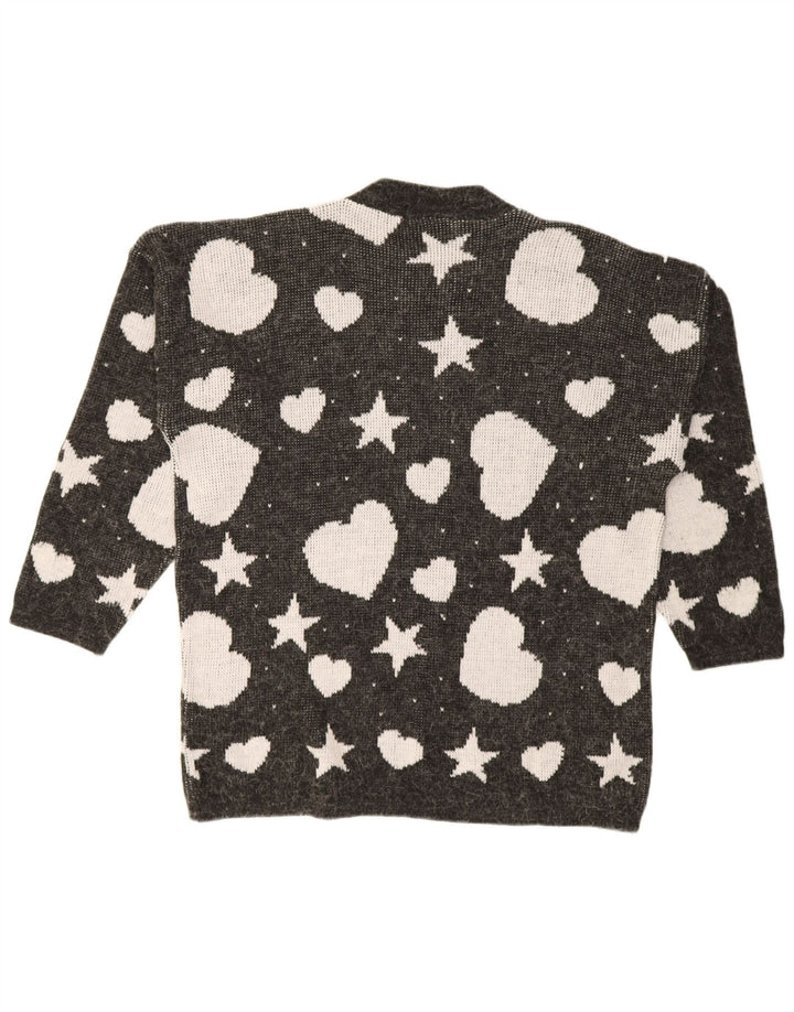 Maglione maglione girocollo da donna vintage con motivo astratto UK 14 grande nero