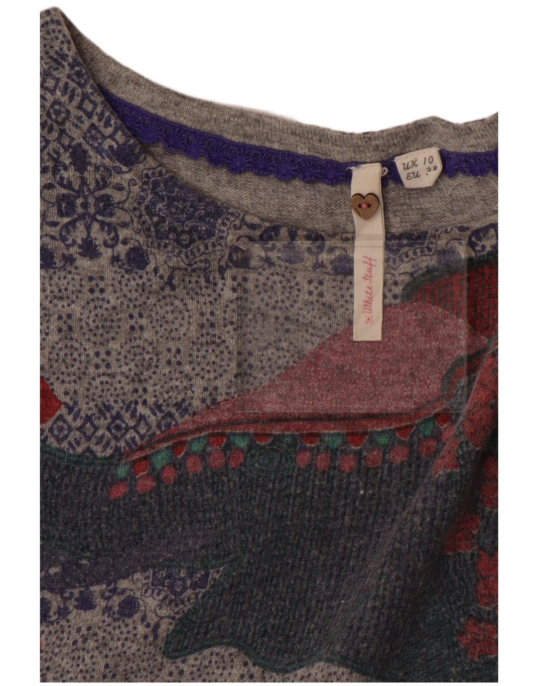 WHITE STUFF Maglione da donna con scollo a barca con grafica UK 10 Piccolo Grigio