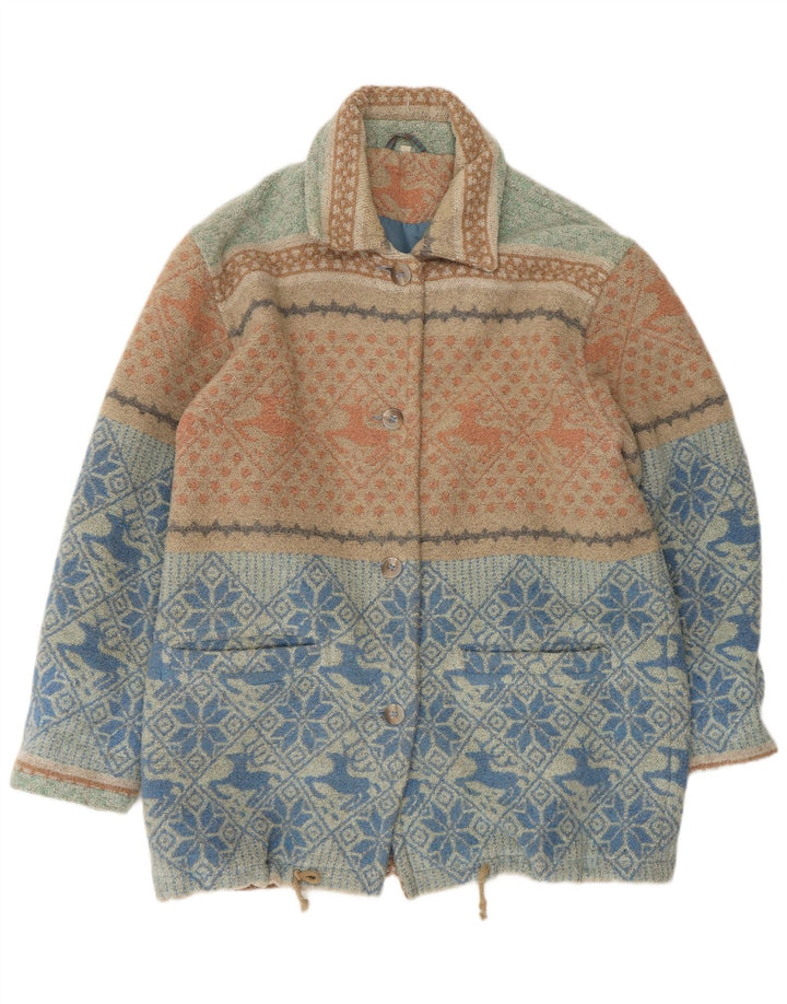 Cappotto giacca a vento dal taglio ampio da donna VINTAGE UK 16 Large Blue Fair Isle