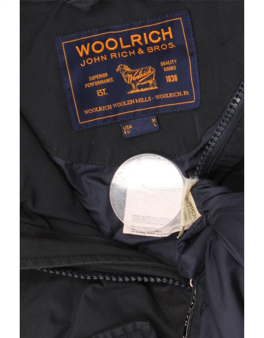 Giacca parka da uomo con cappuccio WOOLRICH UK 40 grande cotone blu navy
