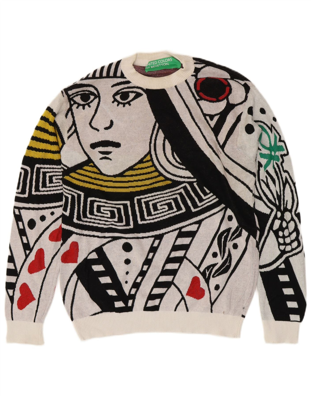 BENETTON Maglione girocollo con grafica da uomo con carte da gioco Bianco medio