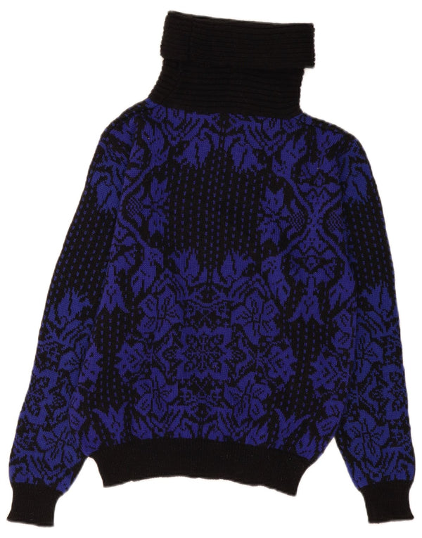 Maglione maglione vintage da donna con collo alto UK 14 medio nero floreale
