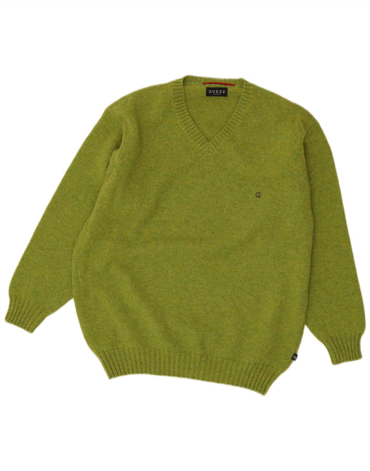 Guess Maglione da uomo con scollo a V, maglione grande, in lana verde