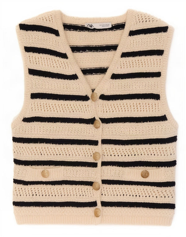 Gilet lavorato a maglia da donna Zara UK 10 piccolo cotone a righe beige