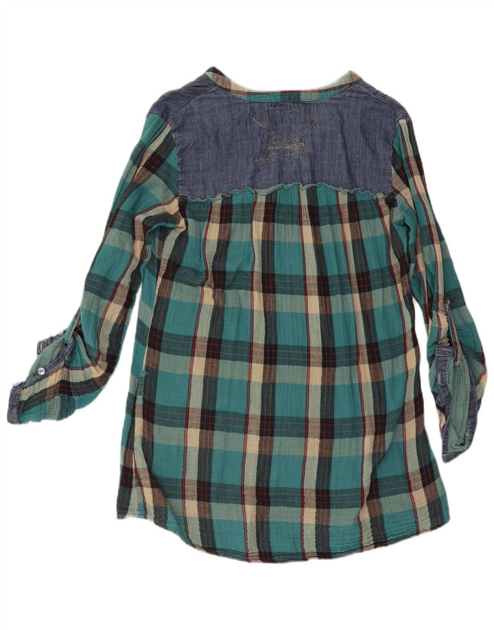 Desigual Donna Camicetta a Maniche Lunghe Top UK 16 Grande Turchese a Quadri