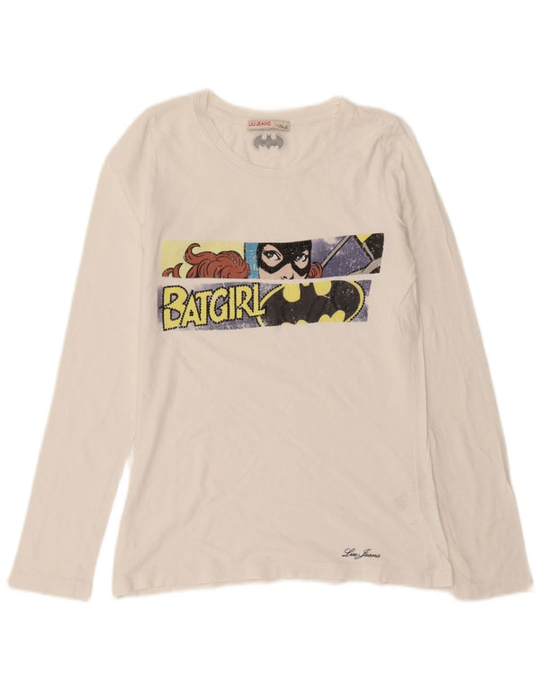 Liu Jo Donna BATGIRL Graphic Top Manica Lunga UK 14 Grande Cotone Bianco