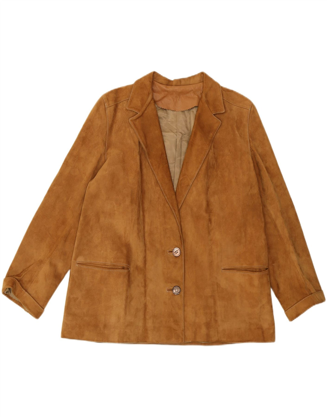 CONFEZIONI DI LUSSO Giacca blazer in pelle scamosciata da donna a 2 bottoni UK 14 Large Marrone