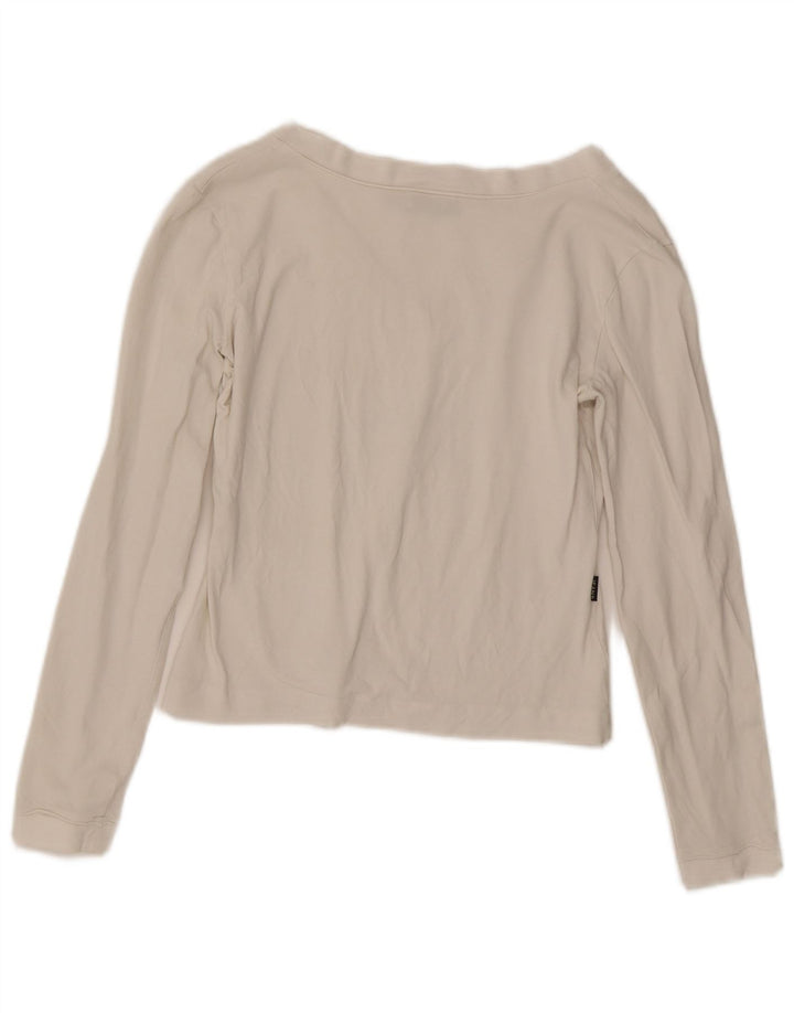 Top grafico corto da donna Moschino manica lunga UK 14 cotone bianco medio