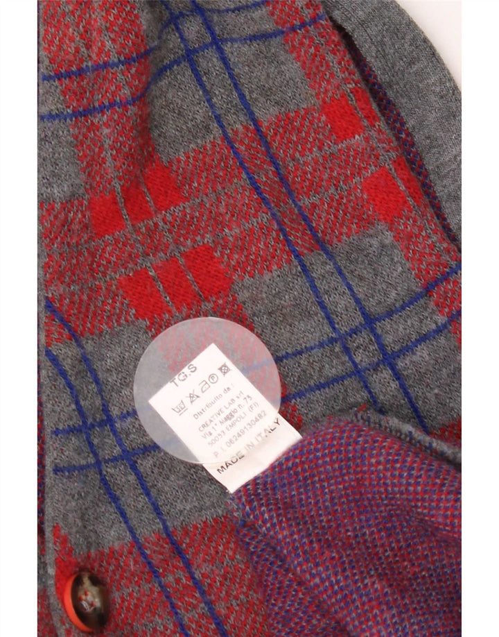 Maglione cardigan senza maniche vintage da uomo piccolo in lana a quadri grigi