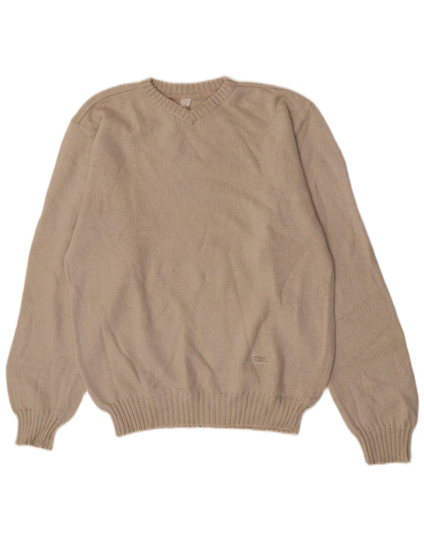 Amerigo Vespucci Maglione da uomo con scollo a V, grande, in lana vergine beige
