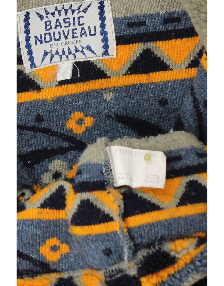 Maglione in pile da uomo vintage con collo a bottoni, grande poliestere geometrico grigio
