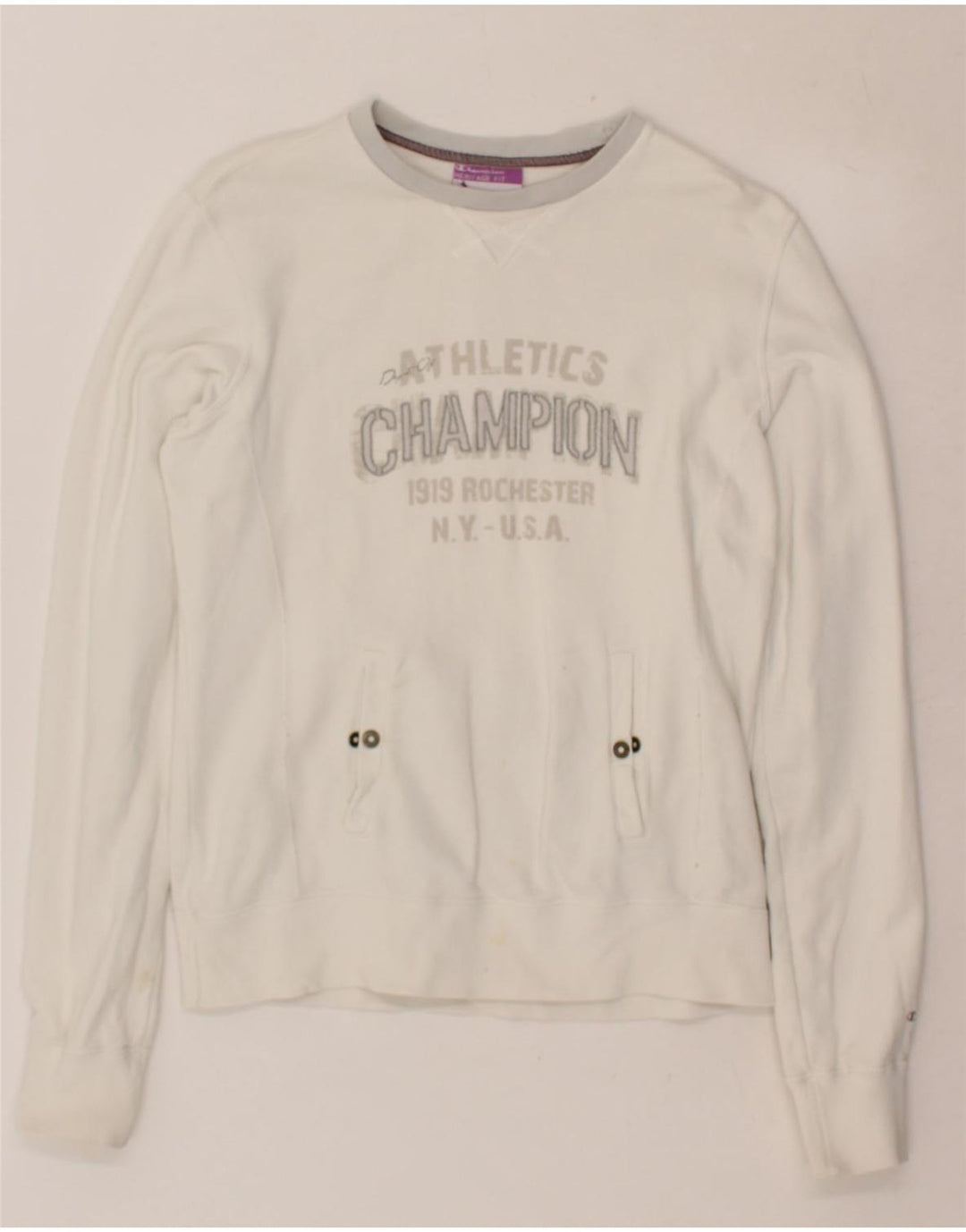 CHAMPION Womens Graphic Sweatshirt Jumper UK 16 Large White Cotton Vintage Champion and Second-Hand Champion from Messina Hembry 