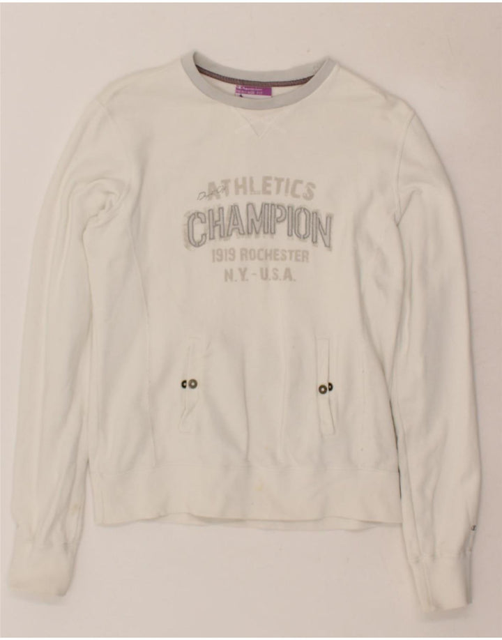 CHAMPION Womens Graphic Sweatshirt Jumper UK 16 Large White Cotton Vintage Champion and Second-Hand Champion from Messina Hembry 
