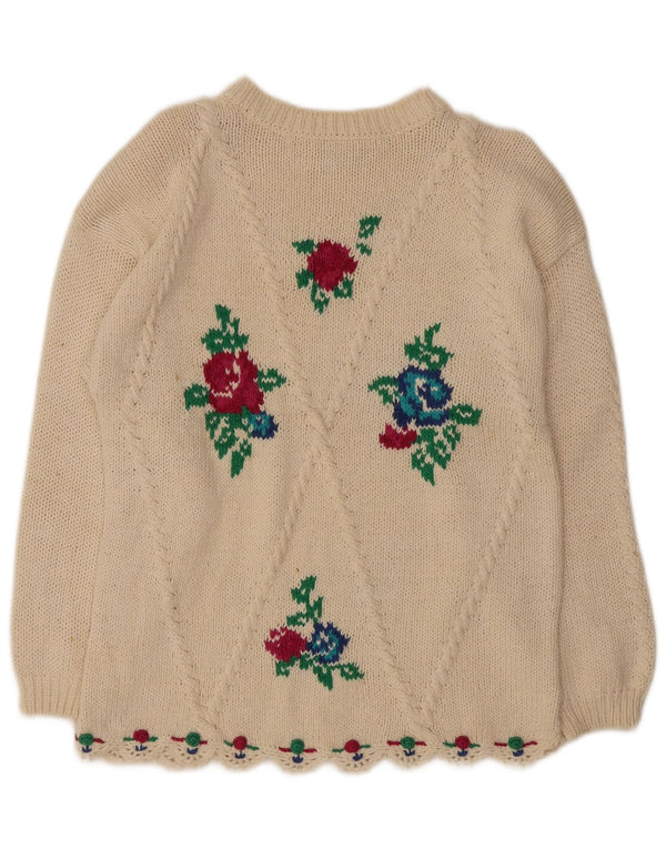 Maglione maglione girocollo da donna vintage UK 14 Ramie floreale bianco sporco medio