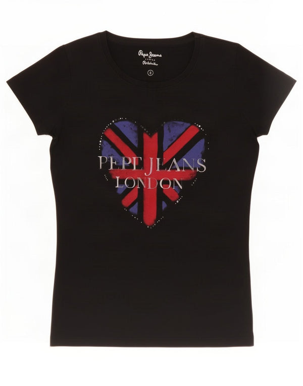 T-shirt grafica da donna PEPE Jeans Top UK 10 piccola in cotone nero