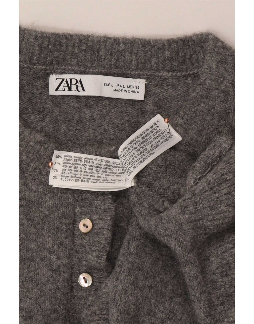 Maglione cardigan da donna Zara UK 16 grande poliestere grigio