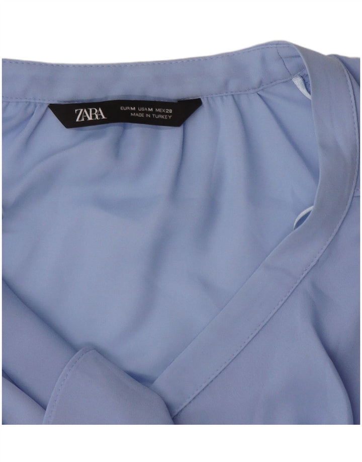 ZARA Camicia da Donna con Volant sul Fronte Camicetta UK 14 Blu Medio