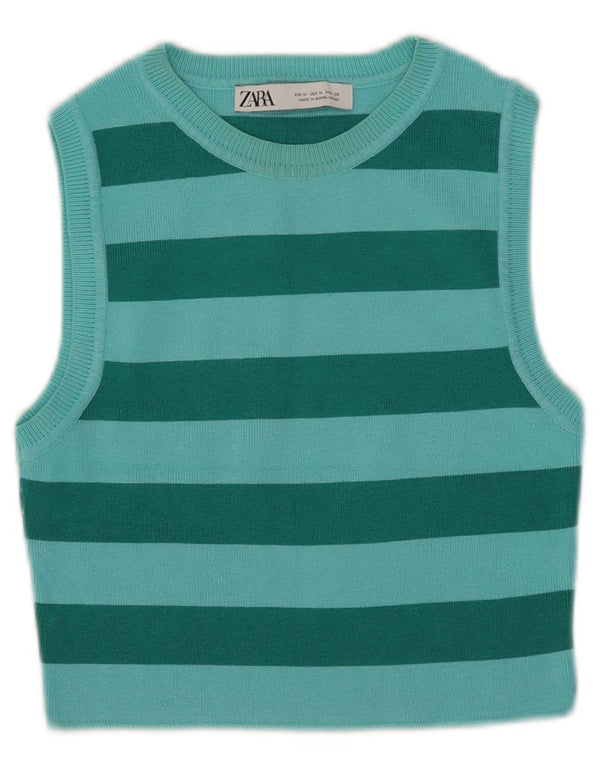 Canotta corta da donna Zara UK 12 Viscosa a righe verde medio
