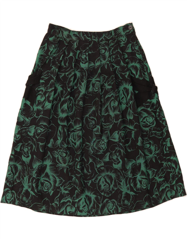 VINTAGE Womens Pleated Skirt W28 Medium  Black Floral Polyester Vintage Vintage and Second-Hand Vintage from Messina Hembry 