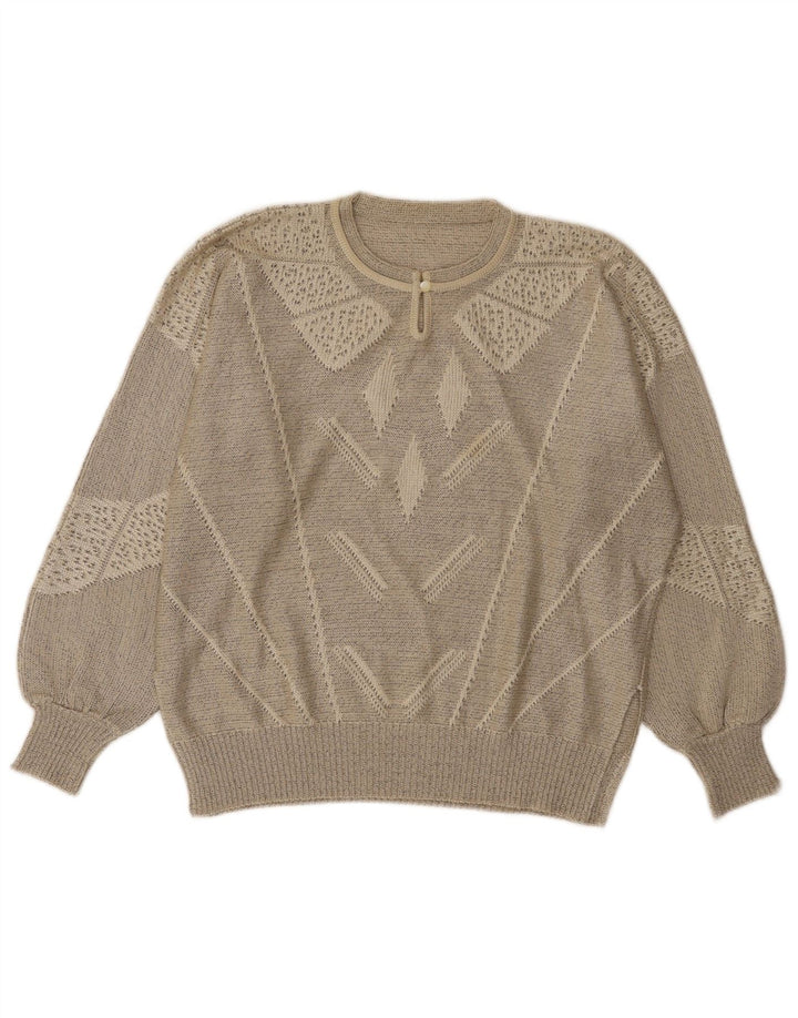 Maglione da donna vintage con collo a bottoni, UK 14, grande grigio geometrico