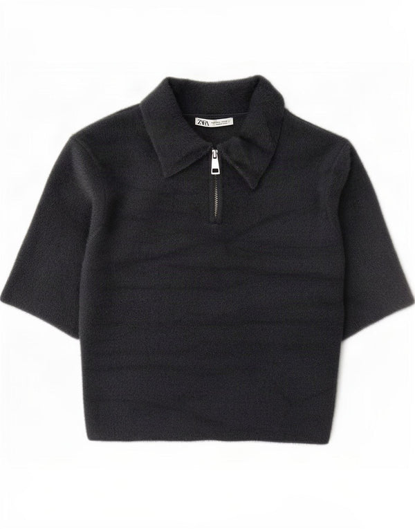 Maglione corto a maniche corte con collo a polo da donna Zara UK 14 grande grigio