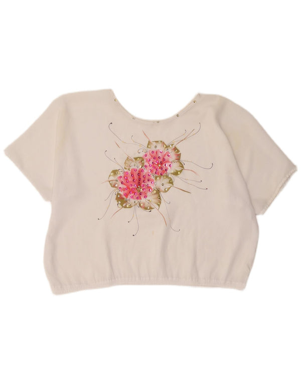 Top corto da donna vintage in camicetta UK 18 XL bianco floreale
