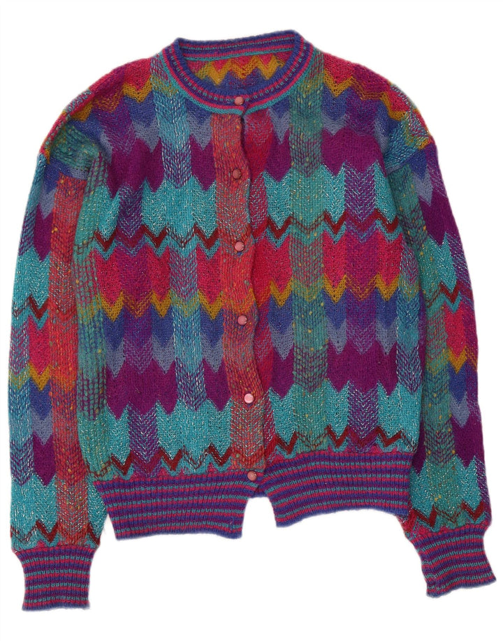 Maglione cardigan da donna vintage UK 12 medio multicolore geometrico
