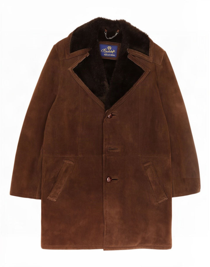 Cappotto vintage in shearling da uomo UK 38 in pelle scamosciata marrone medio