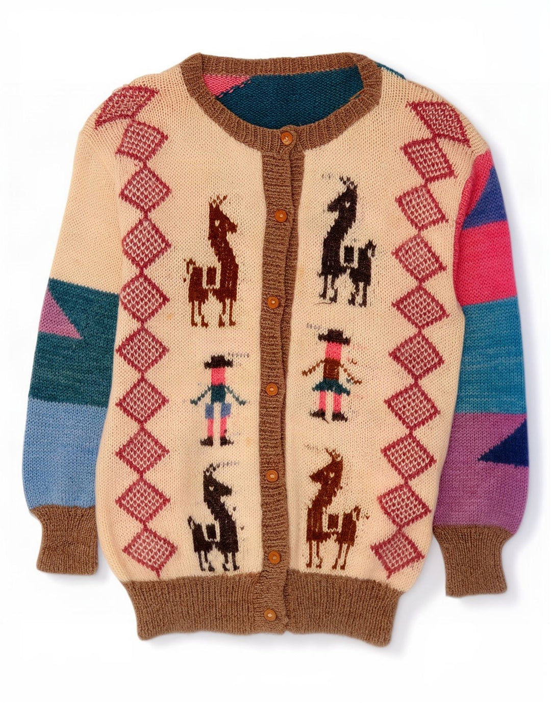 Maglione cardigan grafico da donna vintage UK 16 Grande motivo geometrico multicolore