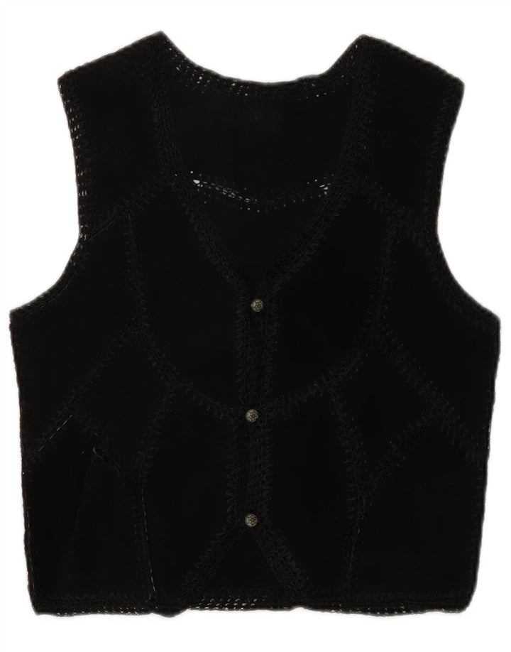 Gilet vintage in pelle scamosciata da donna UK 6 XS patchwork nero