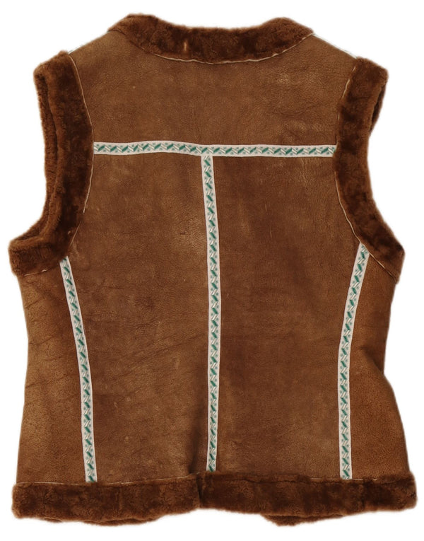 Gilet vintage in shearling da donna UK 12 marrone medio geometrico