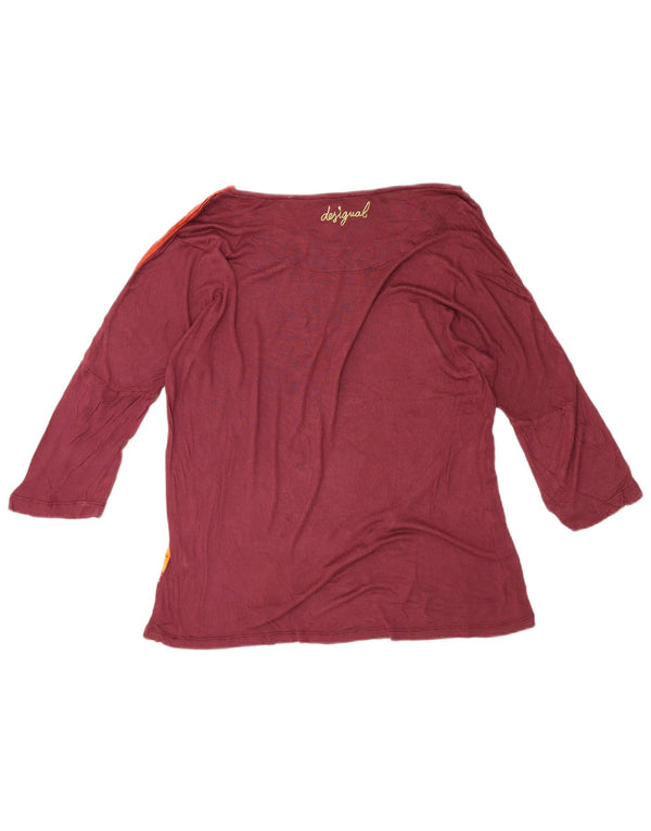 Desigual Donna Graphic Top Manica 3/4 UK 14 Grande Borgogna Bohémien