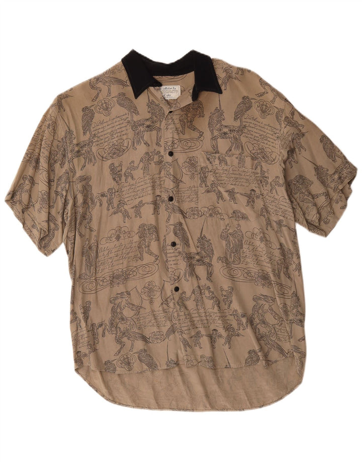 Camicia a maniche corte vintage da uomo con motivo astratto, grande in cotone grigio
