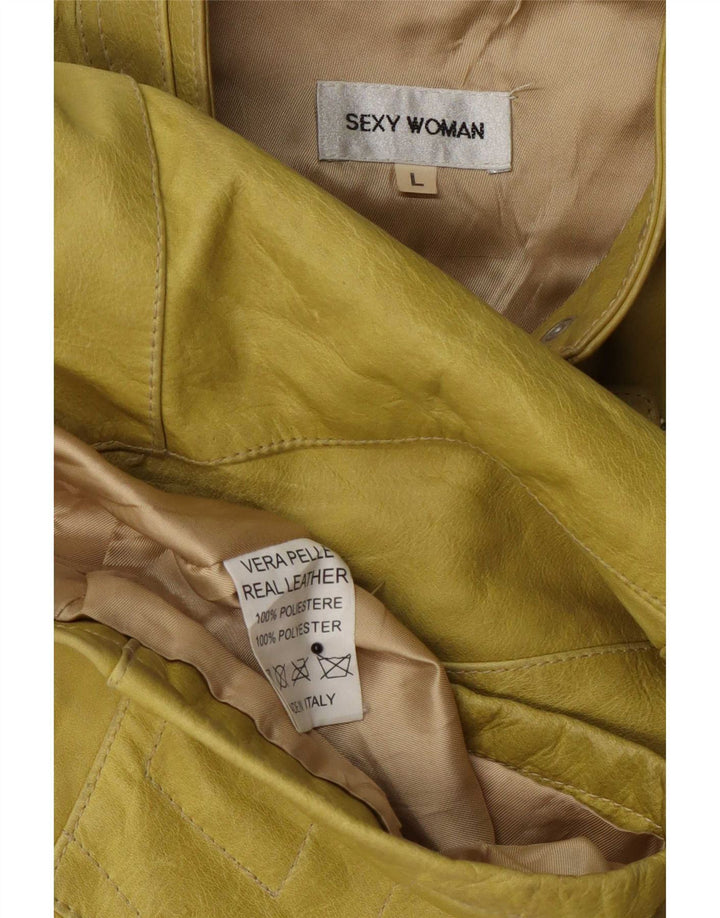 Giacca da motociclista in pelle vintage da donna UK 14 grande gialla