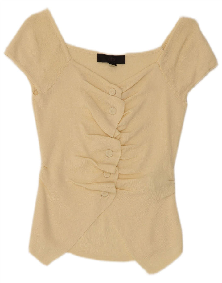 Camicia Zara da donna a maniche corte camicetta UK 12 viscosa gialla media