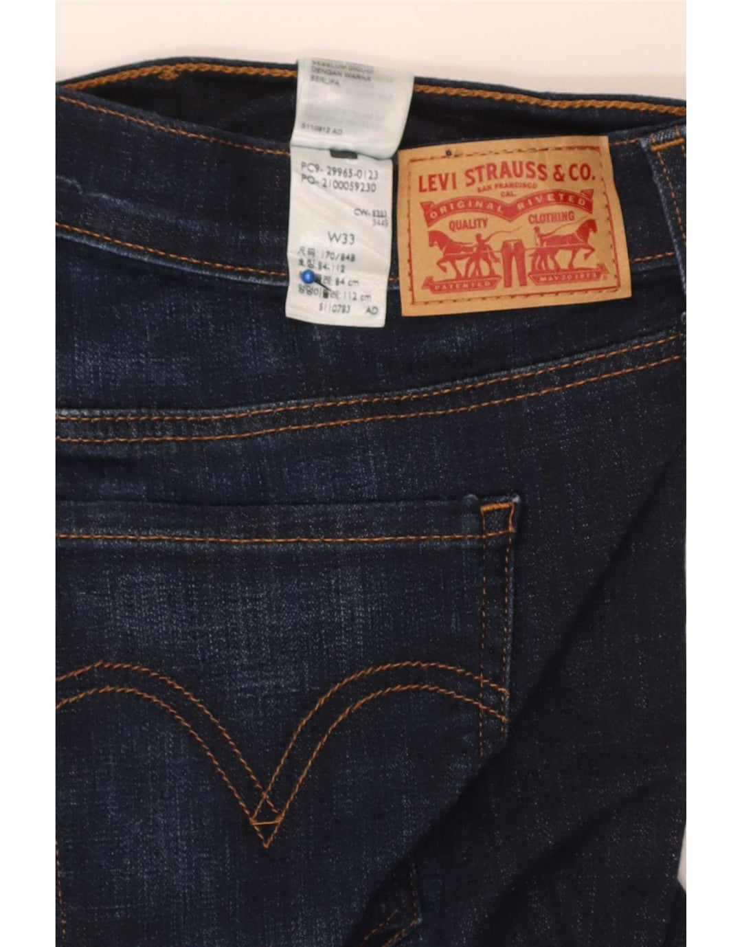 Pantaloncini di jeans a vita media invecchiati Levi's da donna W33 Large in cotone blu navy