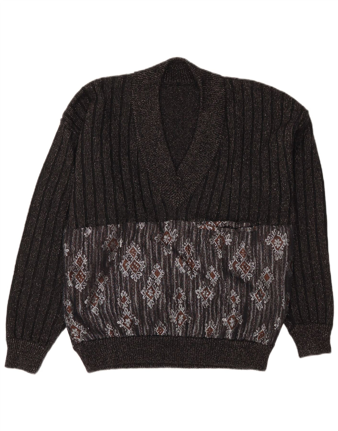 Maglione vintage da uomo con scollo a V grande Fair Isle nero