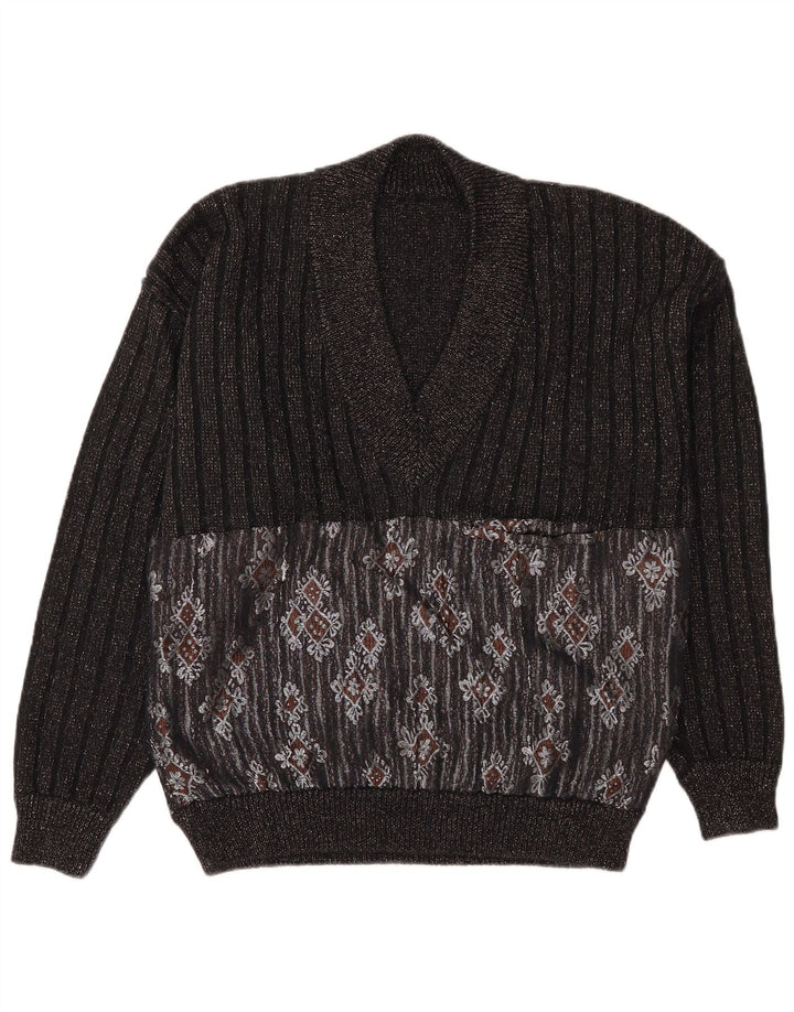 Maglione vintage da uomo con scollo a V grande Fair Isle nero